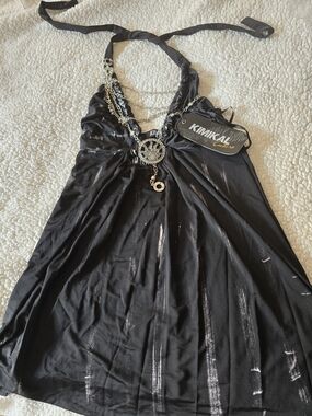 Kimikai Couture Black Halter Mini Dress with Silver Chain Detail